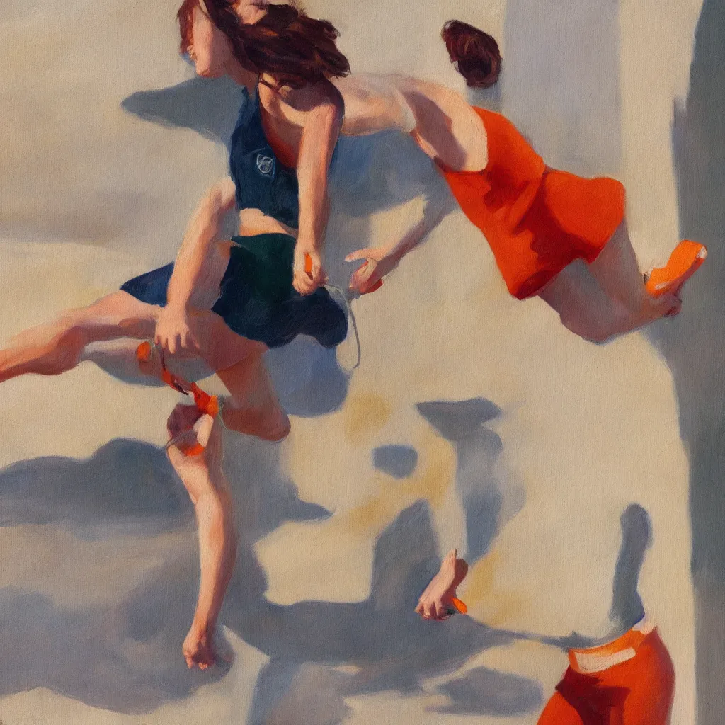 Image similar to oil painting of Tattoed Emma Stone jumping rope and wearing a white tank top in the style of Edward Hopper, predominant colors are red, white, gold and orange