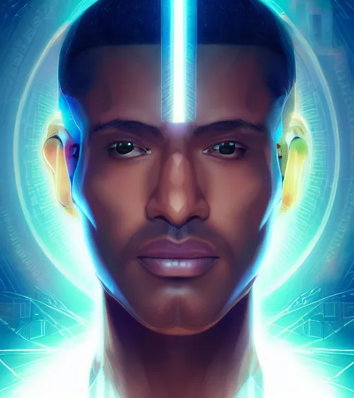 Image similar to symmetry!! egyptian prince of technology, solid cube of light, hard edges, product render retro - futuristic poster scifi, lasers and neon circuits, brown skin man egyptian prince, intricate, elegant, highly detailed, digital painting, artstation, concept art, smooth, sharp focus, illustration, dreamlike, art by artgerm