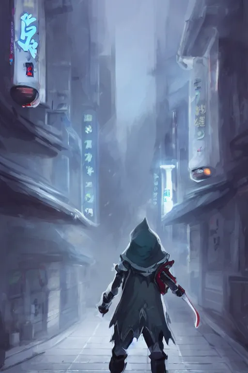 Image similar to a boy wielding a greatsword wearing a dark hoodie walking at the streets of Tokyo at night, concept art, digital painting, night lights, vending machines, aesthetic, trending on artstation, 8k, epic composition, intricate details, sharp focus