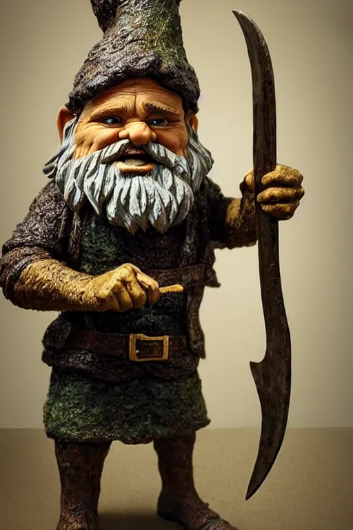 Image similar to photo taken of an epic intricate, ultra detailed, super realistic sculpture of gnome holding a pitchfork, sculpture on display, created by weta workshop, photorealistic, sharp focus, f 0. 4, face centred, golden ratio