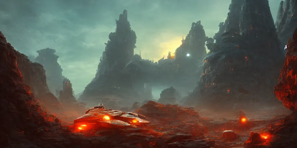 Image similar to futuristic steampunk giant starship, surrounded by eroded rocks, by Andreas Rocha, stunning volumetric lighting, sundown, trending on Artstation, 8k, photorealistic, hyper detailed, unreal engine 5, cinematic, epic lighting, cryengine, octane render, cyberpunk, red and orange glow