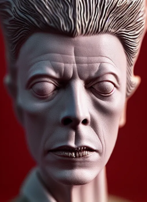 Image similar to David Bowie , A Close up photo-real delicate ceramic porcelain sculpture of a symmetrical ornate detailed in front of an intricate background by Victo Ngai and takato yamamoto, micro detail, backlit lighting, face in focus, subsurface scattering, translucent, thin porcelain, octane renderer, colorful, physically based rendering, japanese pottery, trending on cgsociety