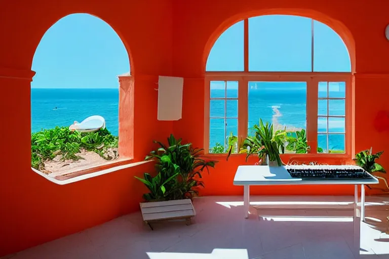 Image similar to a room of a villa with orange walls white floor plants, red piano, a big window with a view of the beach and sea, beautiful cinematic masterpiece very detailed