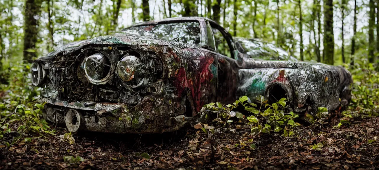 Image similar to closeup of a flower made up of automobile parts in a forest with rain