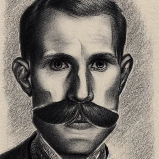 Image similar to A crosshatched portrait drawing of Jerma985 with a pyramidal mustache in the mid-late 1800s, cross haching, crosshatching, mid-late 1800s, grainy, realistic, hyperrealistic, very realistic, highly detailed, very detailed, extremely detailed, detailed, trending on artstation