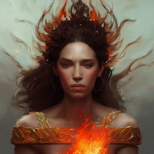 Prompt: a beautiful portrait of a fire goddess, a detailed painting by greg rutkowski and raymond swanland, featured on cgsociety, fantasy art, detailed painting, artstation hd, photorealistic, flaming background