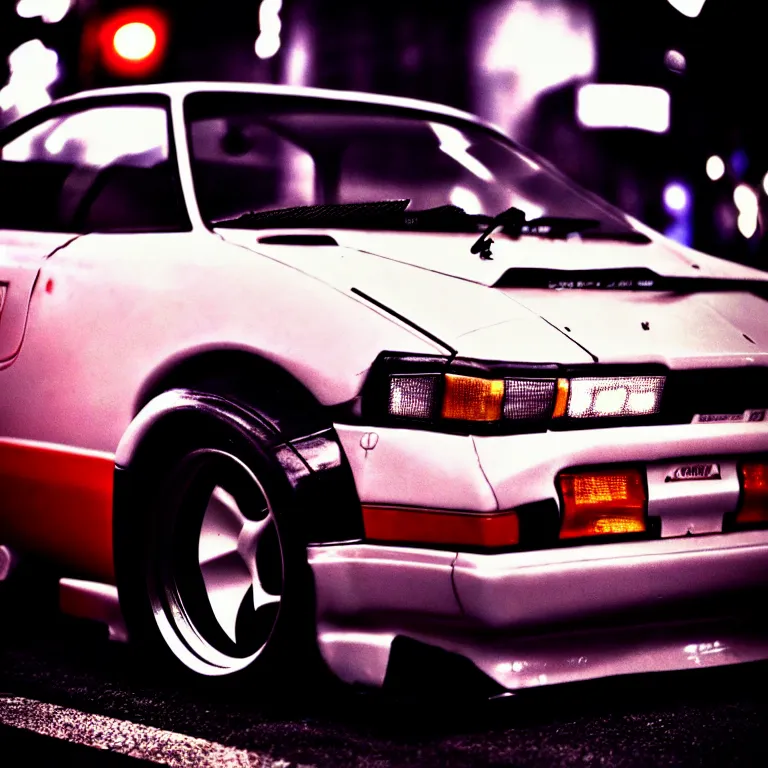 Image similar to medium-close-up Toyota Celica turbo illegal street meet, detailed-wheels, Shibuya Shibuya, cinematic colors, photorealistic, highly detailed, night photography