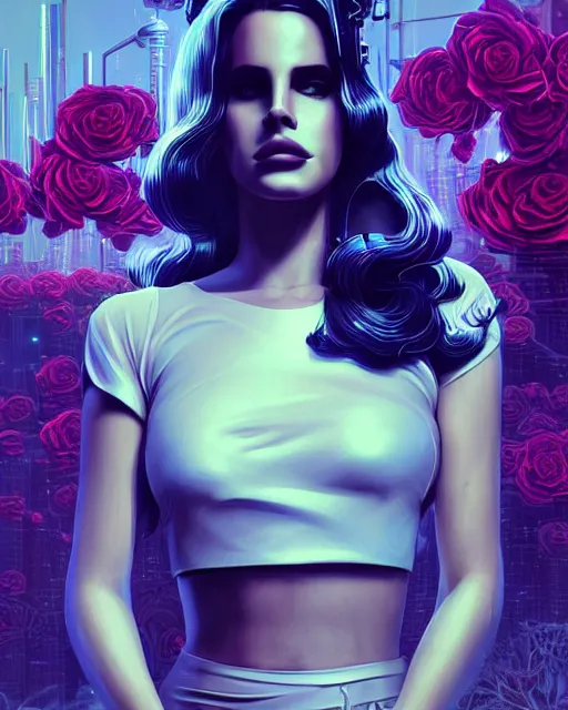 Image similar to portrait of lana del rey as a cyberpunk cyborg. roses, sci - fi, missing panels, intricate abstract, upper body, intricate artwork, by tooth wu, wlop, beeple, dan mumford. concept art, 8 k octane render, deviantart, greg rutkowski, cinematic, key art, hyperrealism, iridescent accents