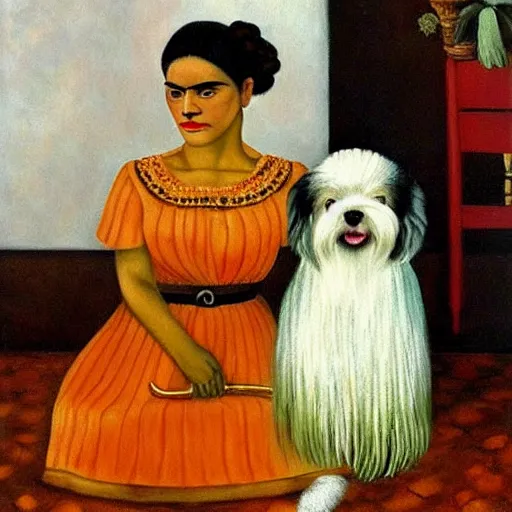 Image similar to cream colored havanese dog with frida kayla painting by frida kahlo 1 9 3 5