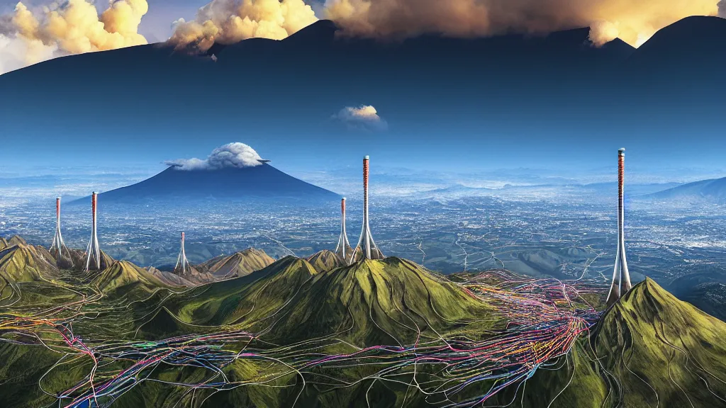 Image similar to Epic Nuclear power towers gracefully over the mountain valley of Quito, Ecuador; by Oswaldo Moncayo and Vincent Callebaut; line work and detailing by Simon Stålenhag, oil on canvas; Art Direction by James Cameron; Location: Quito Ecuador 4K, 8K; Ultra-Realistic Depth Shading