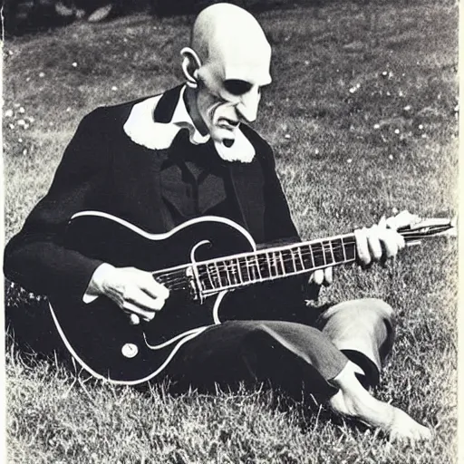 Image similar to vintage photograph of count orlok crouched on the lawn outside his castle, playing the blues on guitar, 4 k