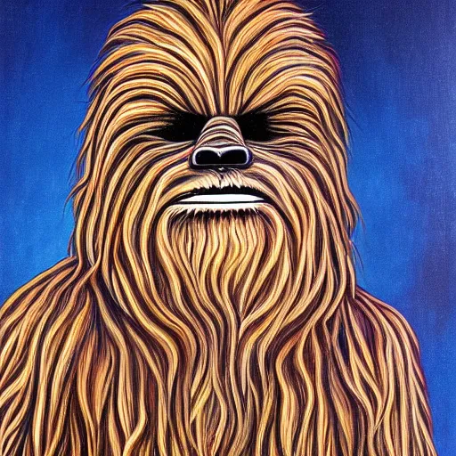 Image similar to A painting of chewbacca thinking designed by alex grey, flooko, etheral, detailed, glows,