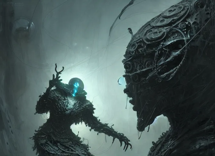 Image similar to a mysterious translucent space alien, eerie shimmering surroundings, concept art, intricate, detailed, award - winning, cinematic, octane render, 8 k, photorealistic, by tsutomu nihei, by emil melmoth, by gustave dore, by craig mullins, by yoji shinkawa