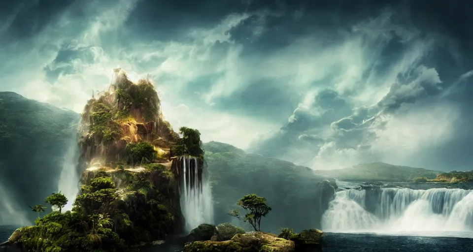 Prompt: An epic floating island in the sky above the sea, waterfall falling down, epic lighting, epic composition, cinematic, highly detailed, 4k