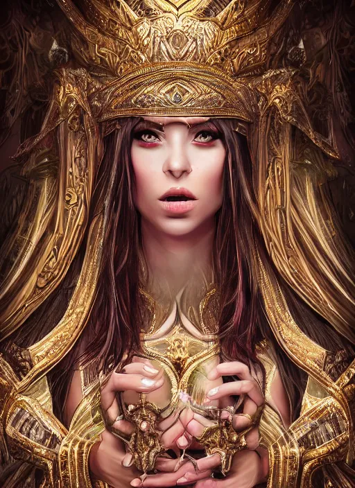 Image similar to beautiful full body concept art, photorealistic symmetrical beautiful face, female priestess with shiny hair wearing full intricate clothing standing in a slimy temple, godray, intricate lighting, micro detail, cg society