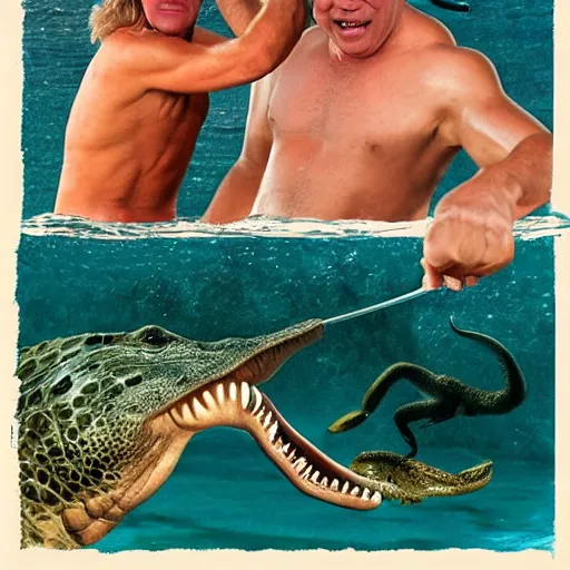 Prompt: shirtless steve irwin fighting a crocodile inside the mouth of a crocodile as a sting ray fights the crocodile to get to steve graphic award winning stunning