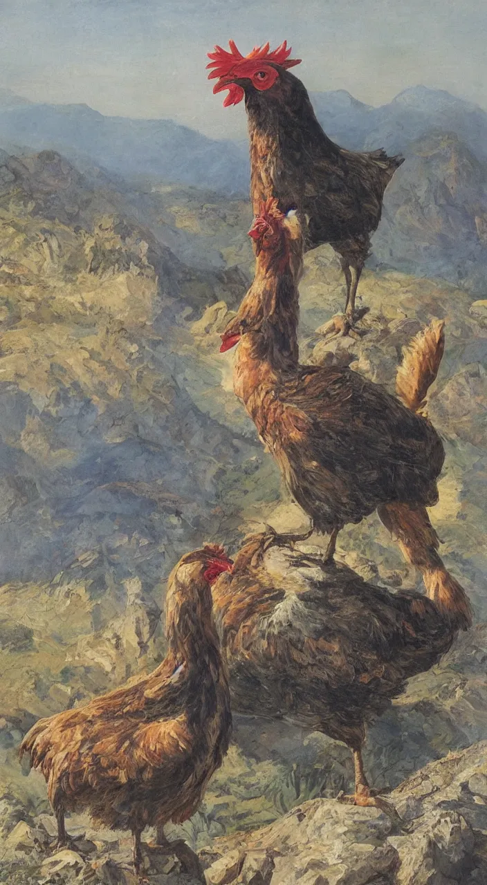 Image similar to giant chicken on a mountain top, elegant, painting