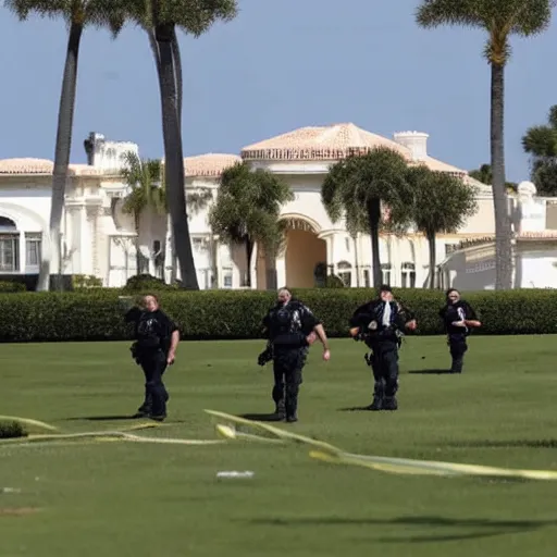 Image similar to mar-a-lago, multiple fbi agents carrying boxes, police tape, police suburbans