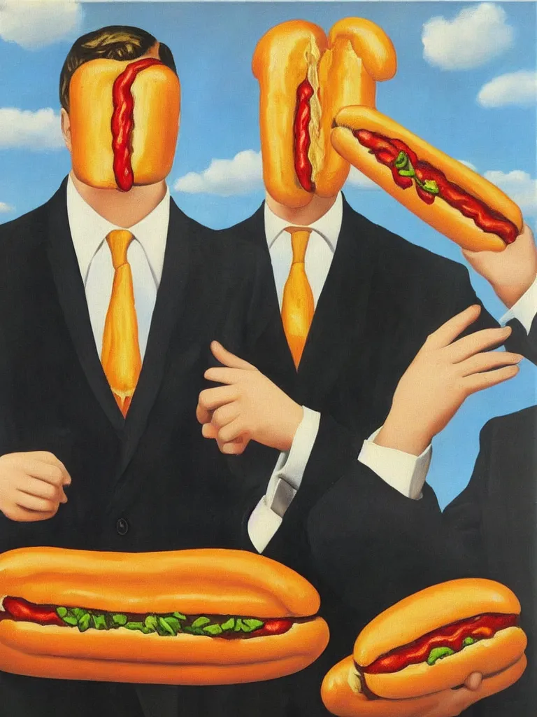 Prompt: Rene Magritte's Son Of Man painting with a hotdog blocking the face, but the man is a large hotdog in a suit and the hotdog has a man's face on it
