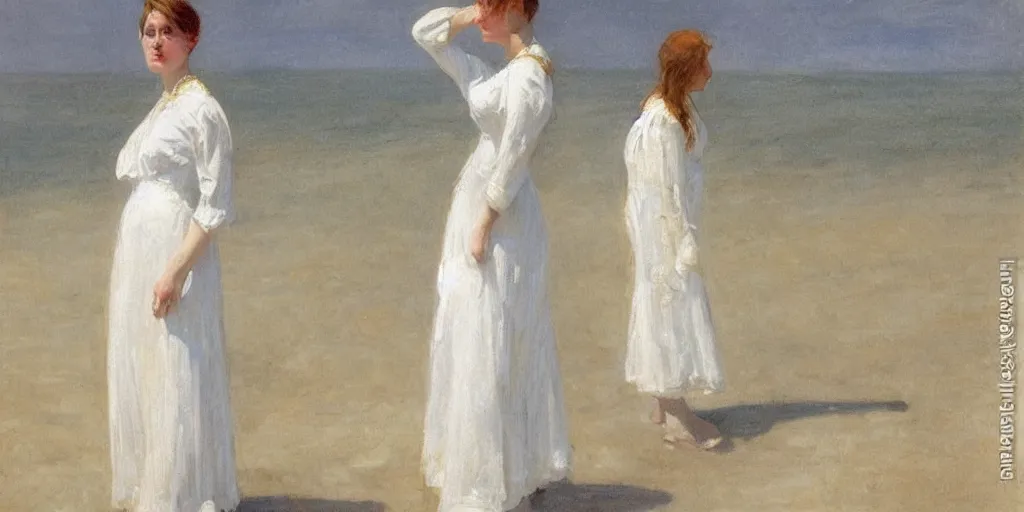 Image similar to A young Edwardian woman wearing a white dress standing on a sandy beach in Sweden, in the style of Anders Zorn