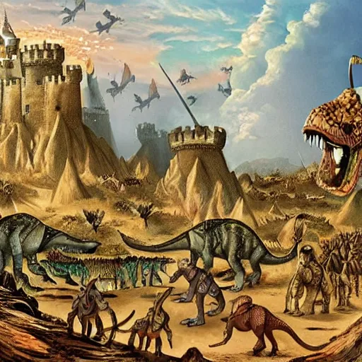 Image similar to A castle with knights on dinosaurs, high detail