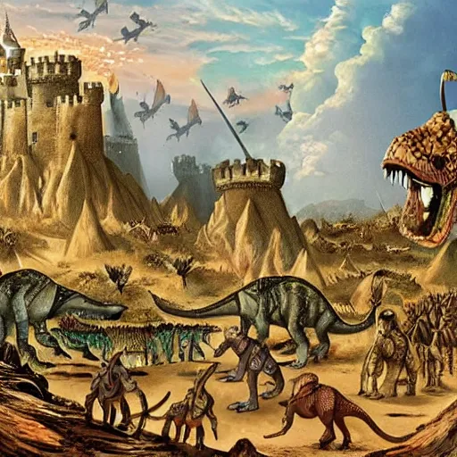 Prompt: A castle with knights on dinosaurs, high detail