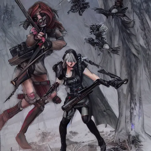 Image similar to a shotgun - toting modern day hunter ; and a sword - wielding magical girl stand back to back against a wall while darkspawn creatures approach them. realistic modern horror rpg painting, by frank cho, dynamic layout