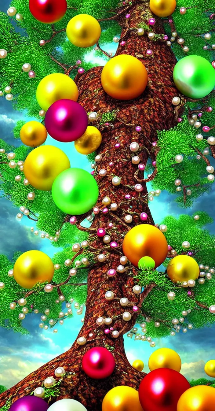 Prompt: realistic photo of big tree giving colorful pearls as fruits, sharp focus, in the style of greg rutswoski, very hyper realistic, highly detailed, fantasy art station