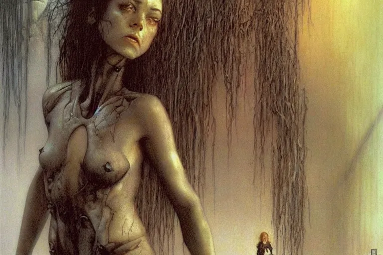 Prompt: cute young alyson hannigan with short hairs in dark city by luis royo and wayne barlowe, beksinski