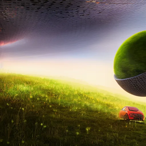 Image similar to a spherical car driving through a beautiful wonderland, smoke - filled ， green hill, many interstellar plants, little dinosaur and man dance together, futuristic concept design, airscape, high detail render by octane, unreal engine, 8 k, cinematic