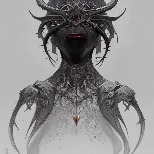 Image similar to portrait of an evil hellspawn, D&D, fantasy, intricate, elegant, highly detailed, digital painting, artstation, concept art, smooth, sharp focus, illustration, art by artgerm and greg rutkowski and alphonse mucha