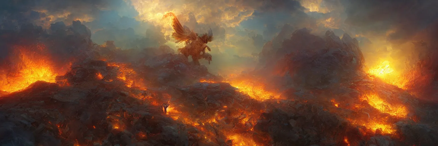 Image similar to awe-inspiring marc simonetti landscape digital art painting of icarus crashing and burning his golden chariot, 4K, cinema4d