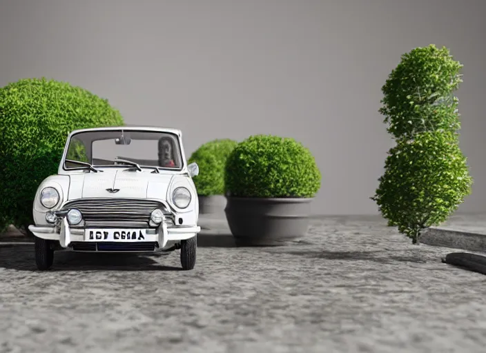 Prompt: a small miniature of a Mini Cooper S 1963 on a white table near a vase with a plant, 3d render, octane render, unreal engine 5, path tracing, serene landscape, calm, relaxing, beautiful landscape, highly detailed, high quality, 4k, symmetrical, low contrast