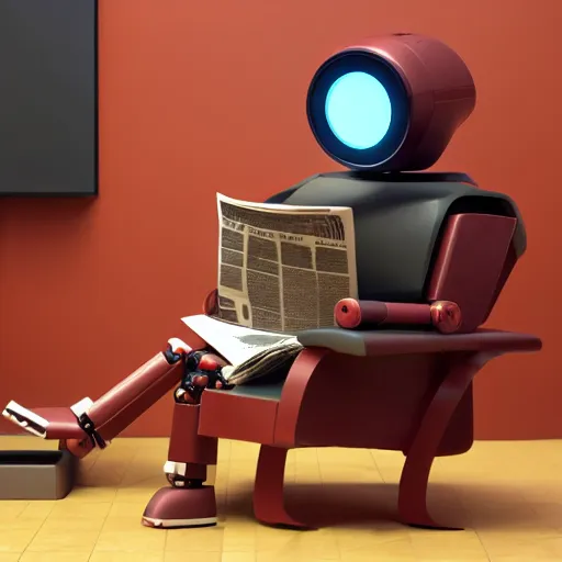 Image similar to futuristic studious matte brown and red full-body humanoid robot with two huge round expressive sad purple glowing LED eyes and open rectangular mouth sitting on a large comfortable cushioned 1950s vintage recliner reading a newspaper. open newspaper. Cinematic Movie Photograph, Arri Alexa, Extremely Detailed, smooth, very very clean, 8K, octane render, maya render, unreal engine, trending on artstation, DSLR, excellent composition, center frame