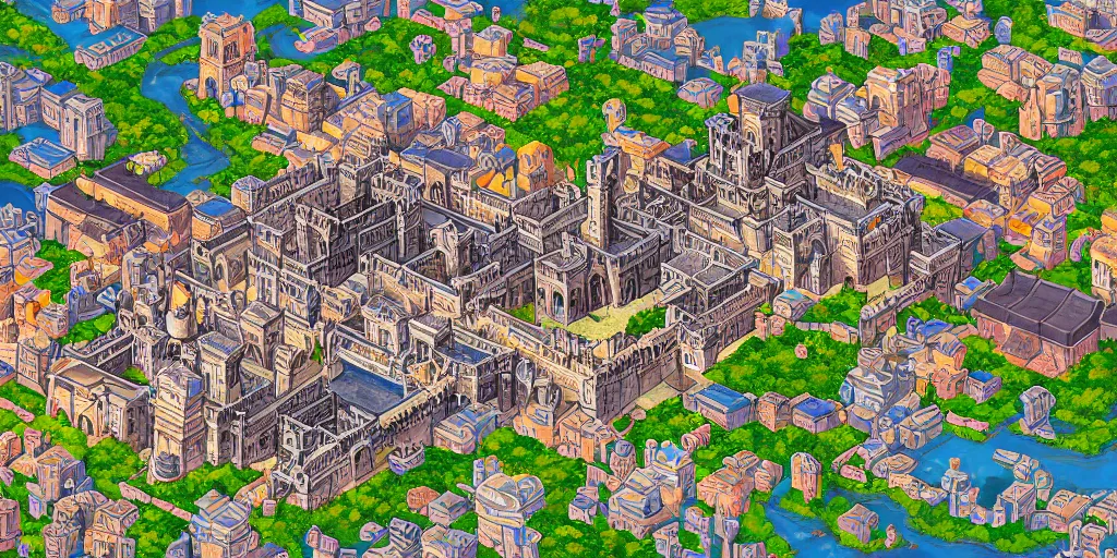 Image similar to Beautiful rectangular walled city state with castle at the top. In style of Lee Myung-jin, Korean MMORPG, manhwa, Ragnarok Online, epic, professional art, digital art, 8K, view from above.