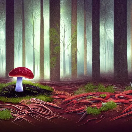 Image similar to A beautiful a picture of a single mushroom that grows on the ground with a forest with pines and birches, and a growing mycelium of the fungus is visible underground, Digital Art, Trending on artstation