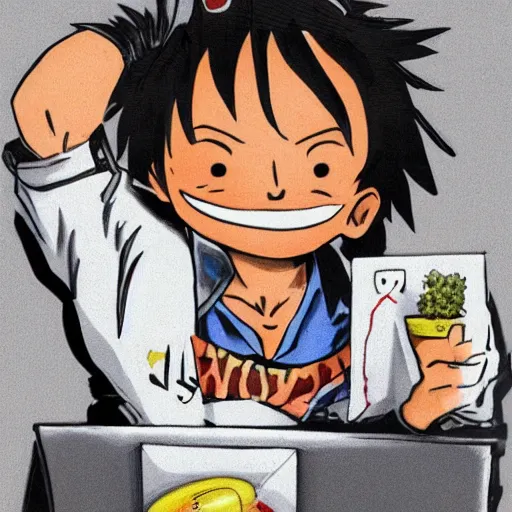 Image similar to luffy working in his laptop top