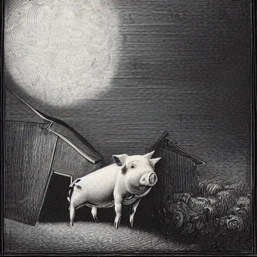 Image similar to pig in a tuxedo coming out of a barn, dark, moon, dark clouds, high detail, dramatic light, drawing gustave dore