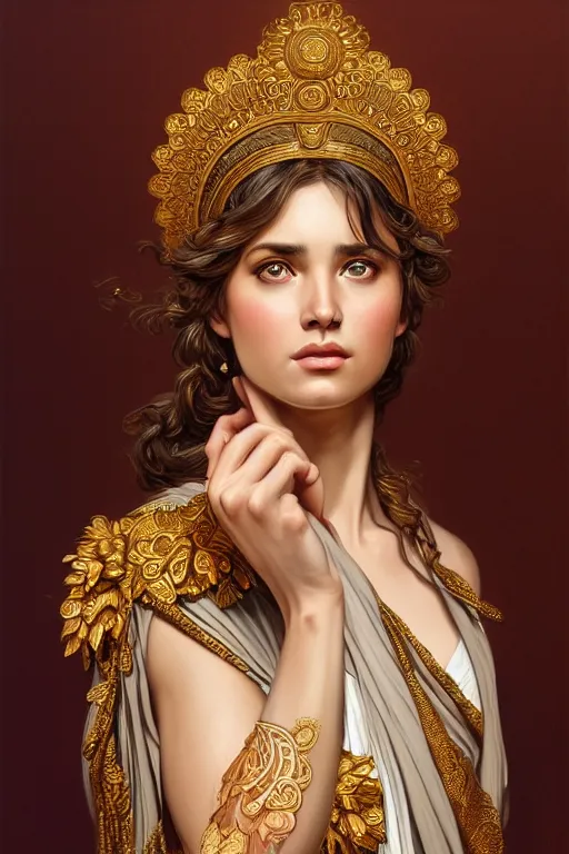 Image similar to portrait of beautiful greek goddess, wearing an ornate toga with intricate floral patterns, by terry o'neill intricate, elegant, highly detailed, digital painting, glistening skin, artstation, concept art, smooth, sharp focus, bold lighting, illustration, art by artgerm and greg rutkowski and alphonse mucha, 8 k