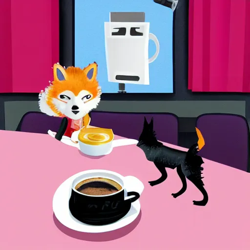 Image similar to captain janeway sharing coffee with a robotic fox with pink hair, in a french cafe, digital art