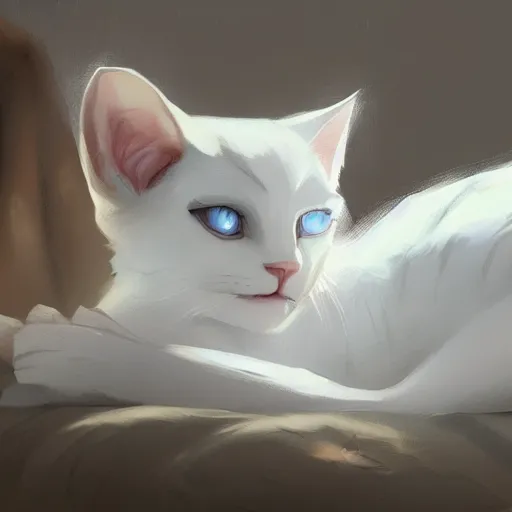 Prompt: a white cat lying on the bed, characterized by roman shipunov, etienne hebinger, atey ghailan, cgsociety, fantasy art, 2 d game art