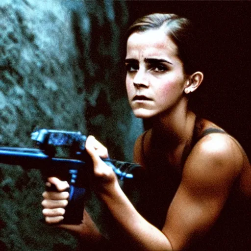 Image similar to film still, extreme far view, emma watson vietnam door gunner, film still from apocalypse now ( 1 9 7 9 ), 2 6 mm, kodak ektachrome, blue tint expired film,