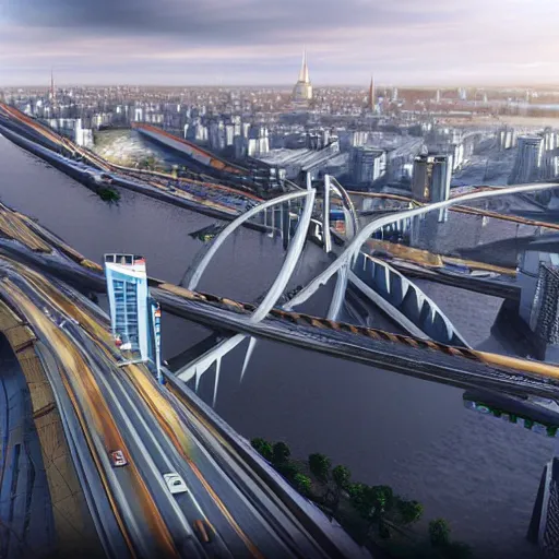 Image similar to view on vansu bridge in riga in year 2 1 0 0, futuristic, cyberpunk