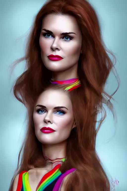 Image similar to mix of beautiful young maria shriver, mariel hemmingway, brooke shields, nicole kidman and elle macpherson as a snake girl with fangs, thin lips, hair tied up in a pony tail, dark blonde hair, colorful, artstation, cgsociety