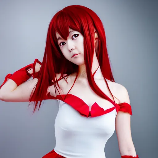 Image similar to very detailed photo of anime girl cosplayer wearing white and red dress, studio photo, anatomically correct, pretty face, UHD, 8k