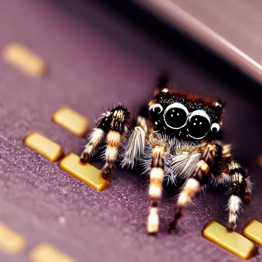 Image similar to a jumping spider using tiny computer keyboard tiny, by pixar, macro lens, iridescent, photomontage