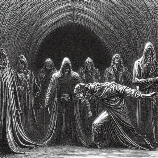 Image similar to A scene from the Matrix as drawn by Gustave Doré