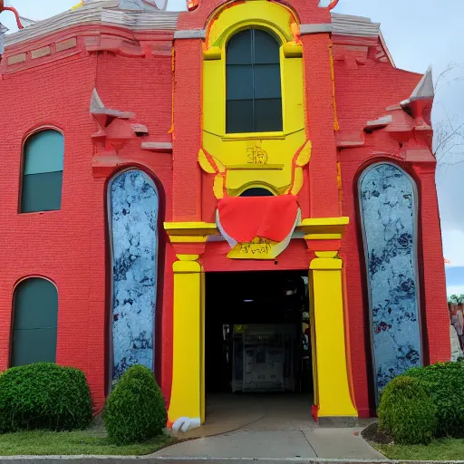 Prompt: the entrance facade of a curious george haunted house