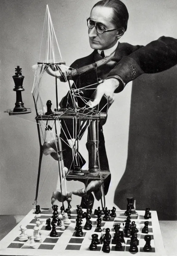 Image similar to marcel duchamp holding up a chess - piece wire - machine, a surrealist painting by marcel duchamp, complex artificial - intelligence machinery, flickr contest winner, studio portrait, 1 9 2 0 s