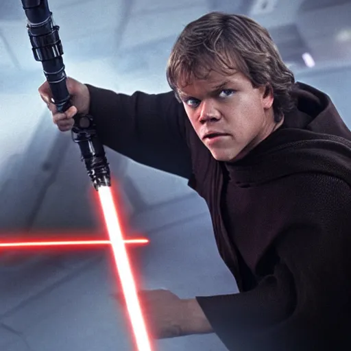 Prompt: matt damon as luke skywalker fighting darth vador in star wars episode 6, 8k resolution, full HD, cinematic lighting, award winning, anatomically correct